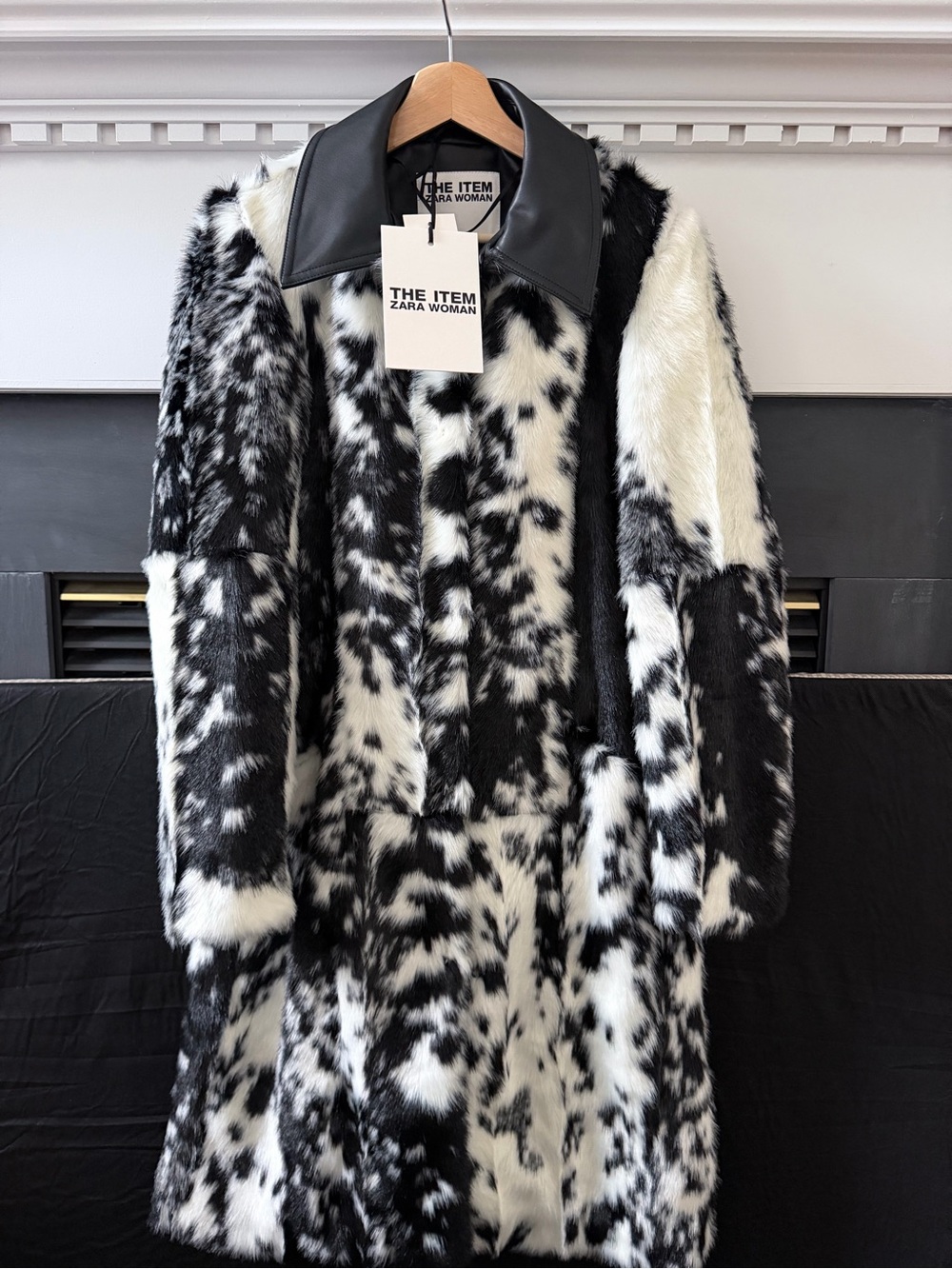 Zara Black & White Faux Fur Patchwork Coat with Leather Collar